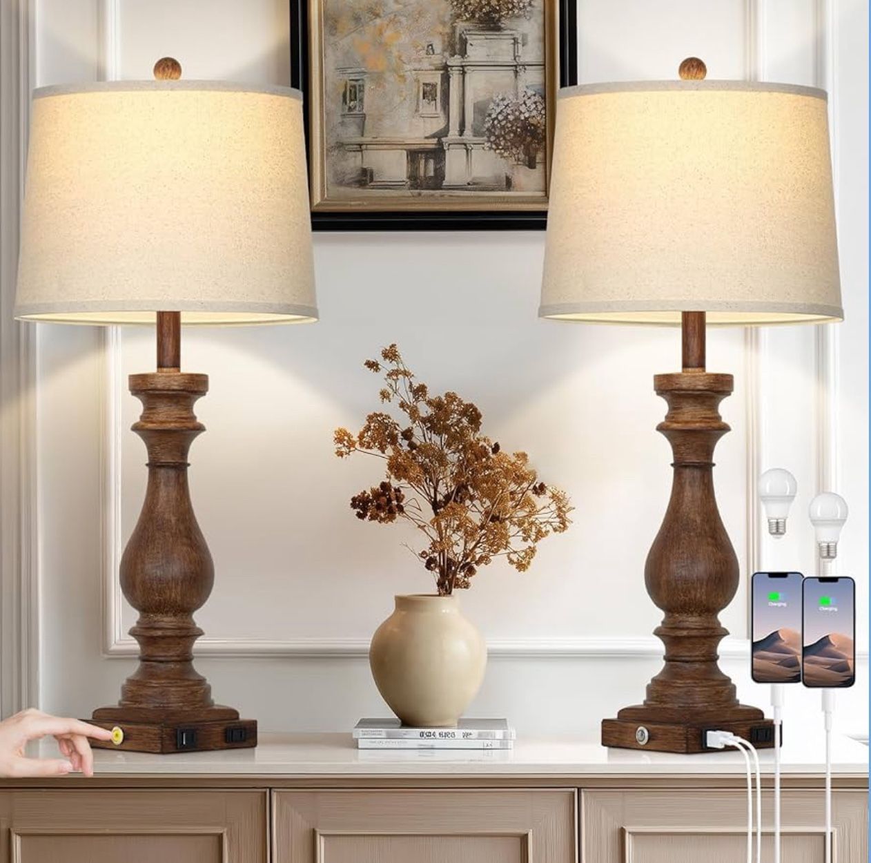 Set of 2, 29" Tall Farmhouse Table Lamp Vintage Retro with USB C+A Ports & AC Outlet,3-Way Dimmable Touch Bedside Lamp