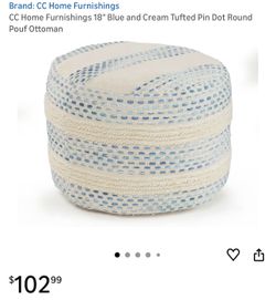 18" Blue and Cream Tufted Pin Dot Round Pouf Ottoman