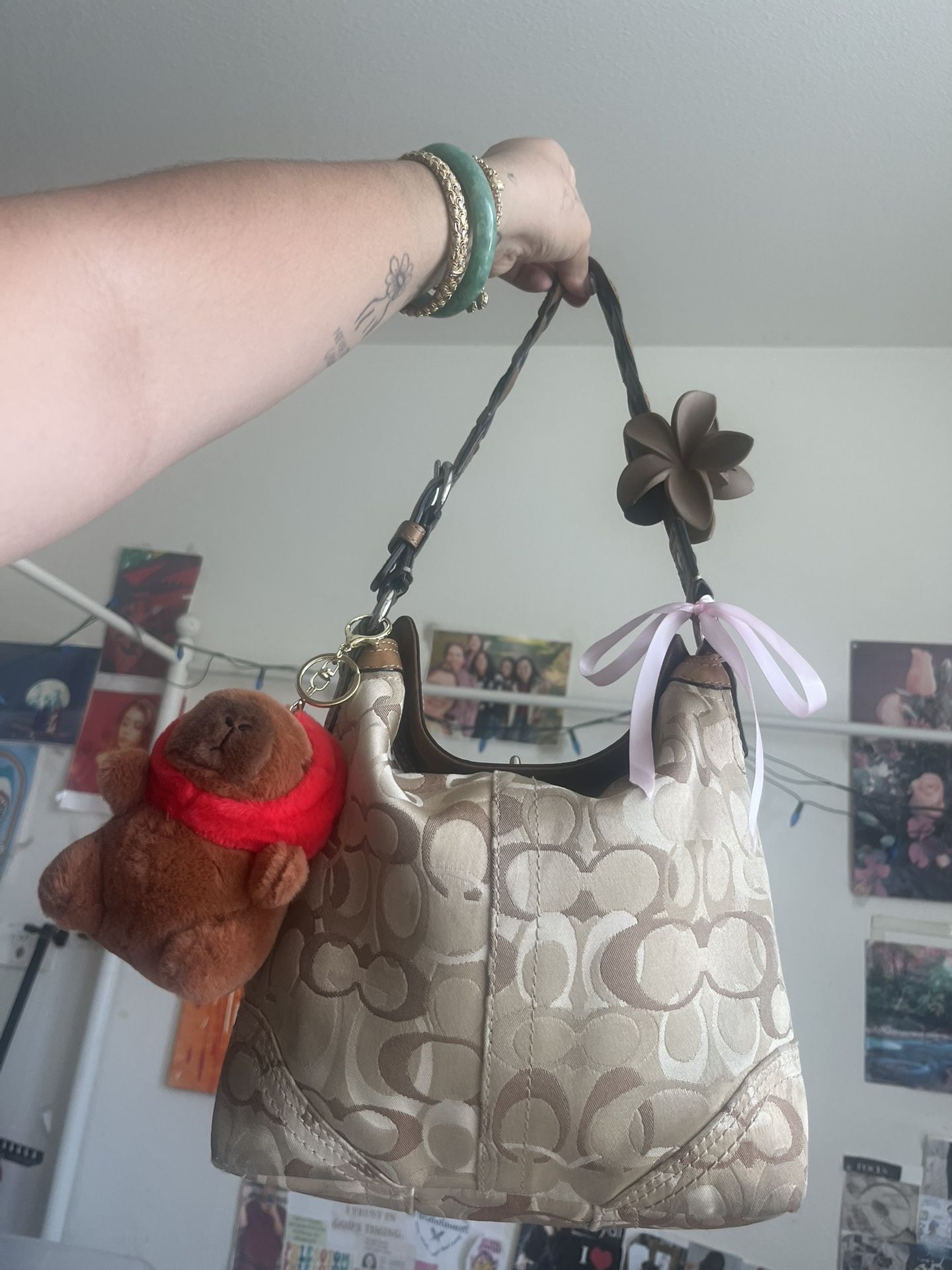 Coach Signature Optic Chelsea Shoulder Bag Hang Bag Hobo 10990 Brown Tan