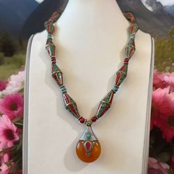Gorgeous & Vintage Ethnic Tibetan Brass,Copper Beads Inlay Stones With Amber Resin Pendant Necklace 23”inch