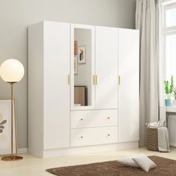 4 Door Wardrobe Large Storage Cabinet Armoire with Mirror and 2 Drawer