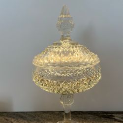 Indiana Glass Diamond Point Clear Glass Pedestal Lidded Compote 