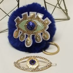 Set of Evil Eye Rehinstone Hair clip & Keychain