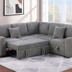 Brand New Grey Corduroy Sectional Sofa Storage Sleeper 
