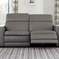 Grey Leather Reclining Love Seat 