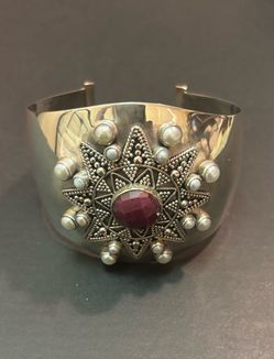 Sterliing Silver Ruby Pearl Star Vintage Cuff Bracelet Singed