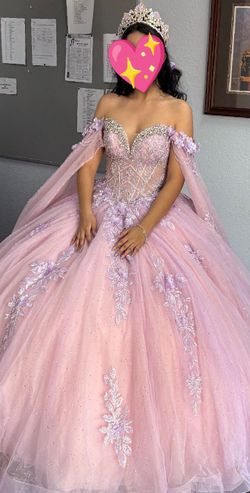 Pink Ball Gown with Cape Sleeves with crown and party dress
