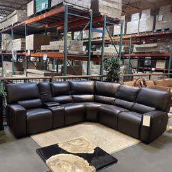 In Stock! Brown Or Grey Top Grain Leather Power Reclining Sectional - Broadway