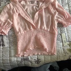 Pink Smocked Puff Sleeve Top XS New