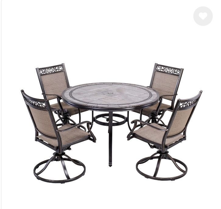 dali Outdoor 5 Piece Dining Set Patio Furniture, Aluminum Swivel Rocker Chair Sling Chair Set with 46 inch Round Mosaic Tile Top Aluminum Table