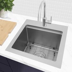17"X17" Drop-In Top Mount Bar Sink, 16 Gauge Stainless Steel, Single Bowl Workstation Sink,Brushed Finish, Large Volume with Accessories(17" x ‎17")