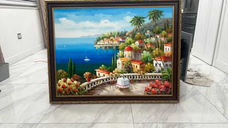 Large Framed Mediterranean Coastal Oil Painting