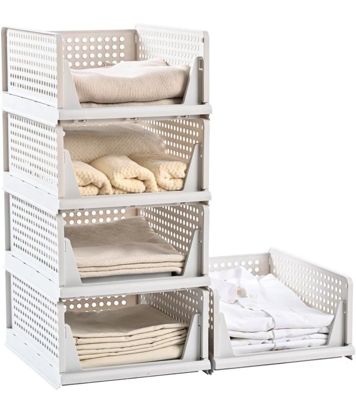 5 Pack Stackable Plastic Storage Basket-Foldable Closet Organizers Drawer Shelf Container for Bathroom Kitchen Laundry Room Wardrobe Storage