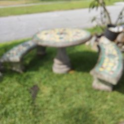 Nice Heavy Mosaic Tile Top Concrete Patio Set With 2 Matching Concrete Benchs