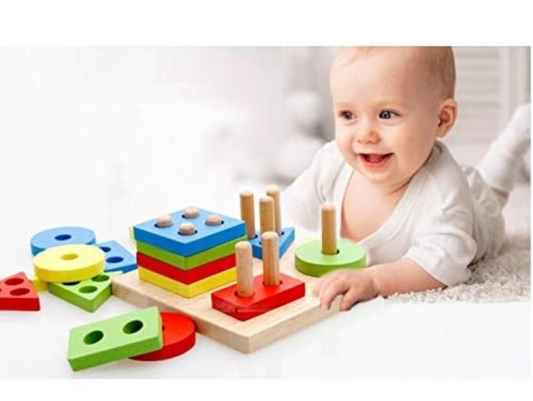 Wooden Educational Preschool Toddler Toys for 1 2 3 45 Year Old Boys Girls Gifts Shape Color Recognition Geometric Board Blocks Stack Sort Chunky Puzz