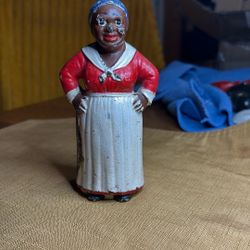 Antique Cast Iron Bank Woman With Headscarf And Apron