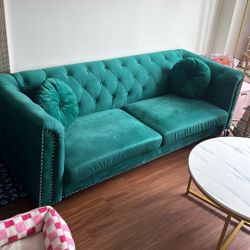 Gorgeous Emerald Green Velvet Couch Set + BISSELL Upholstery Cleaner – Gently Used