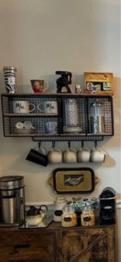 Black Metal Wire Wall Shelf with Mug Hooks