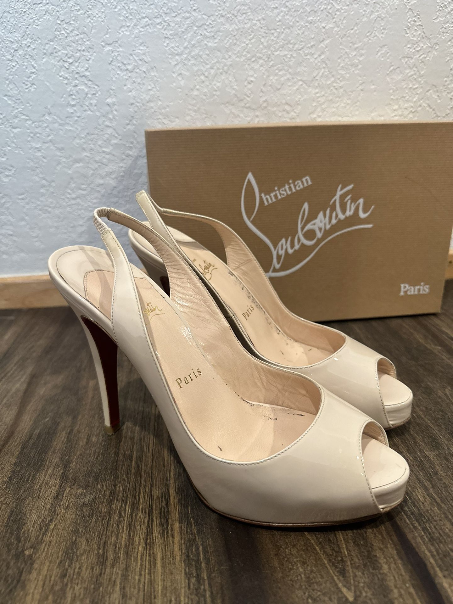 Christian Louboutin Cream Peep Toe Slingback Heels