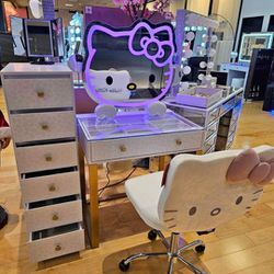 Hello Kitty Mini Table, 6 Drawers Vanity Storage Unit, Hello Kitty Chair and Heart-Legged Mirror Set 