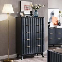 Fluted 5 Drawers Dresser, Modern Wood Chest of Drawers with Faux Marble Top, Curved Profile Design for Bedroom, Living Room, Hallway, Entryway, Dark G