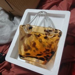 Lepord colored blown glass handbag vase