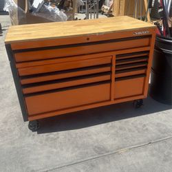 Husky 52 in. W x 24.5 in. D Standard Duty 10-Drawer Mobile Workbench Tool Chest with Solid Wood Work Top in Gloss Orange