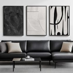Large Framed Black and White Abstract Wall Art for Living Room, 3 Piece Big Modern Canvas Prints Paintings Artwork for Walls, Minimalist Abstract Art 