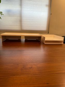 Poppin White Desk Organizer Set – Monitor Riser + 2 Letter Trays