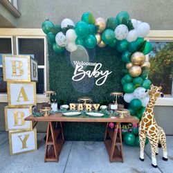 Baby Shower Backdrop Balloons Blocks Cake Table