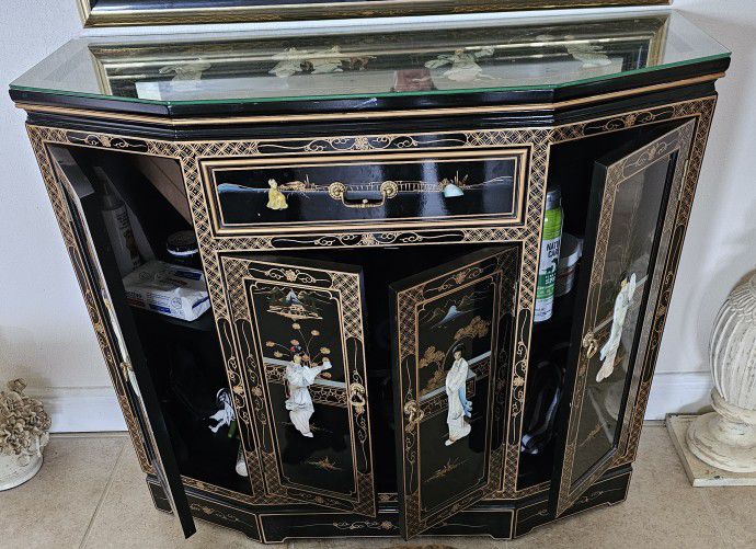 Chinese Black  Lacquered Cabinet & Mirror