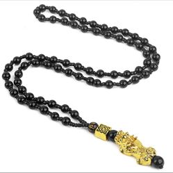 Pixiu Pendant Necklace Bring Wealth and Good Luck Charm Necklace Chinese Feng Shui Faith Obsidian Stone Beads Necklaces