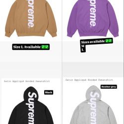 Supreme FW25’ Satin Appliqué Hooded Sweatshirt Black, Grey, Violet, Light Tan