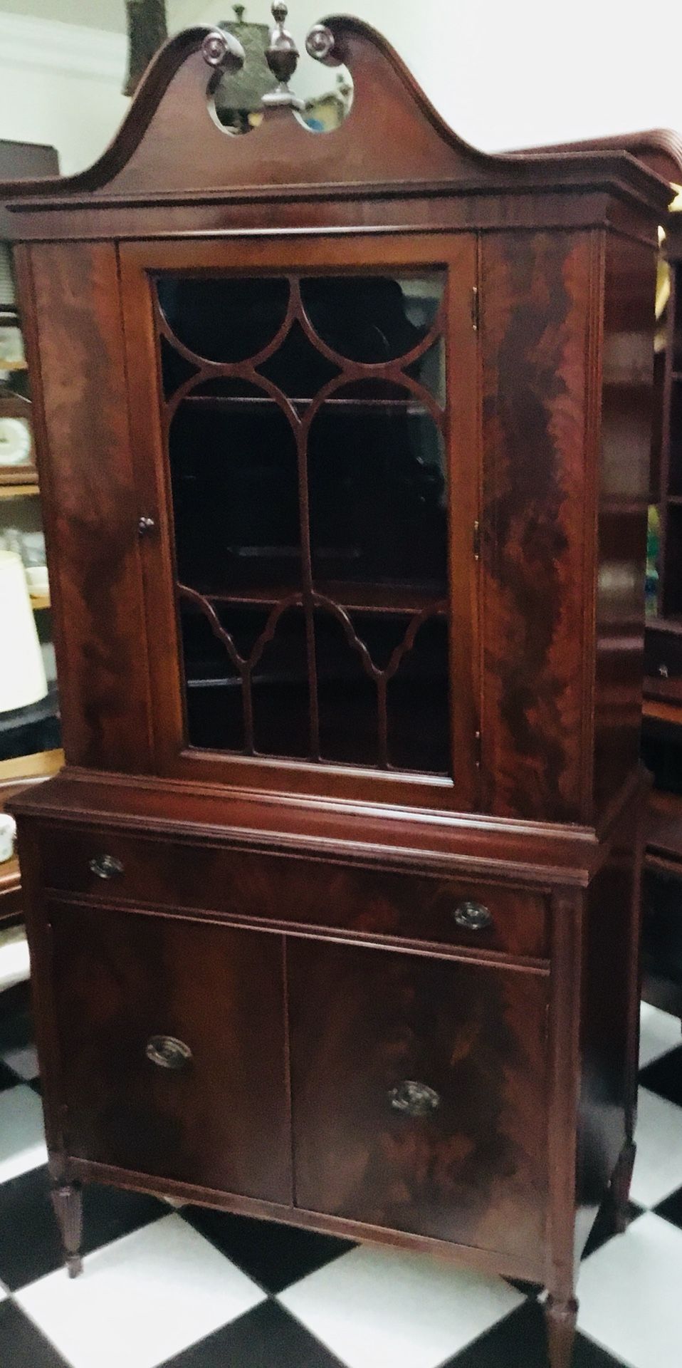 Antique 1930 Tiger Wood China Cabinet.