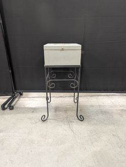 Decorative Wooden Box with Fish Motif on Wrought Iron Stand