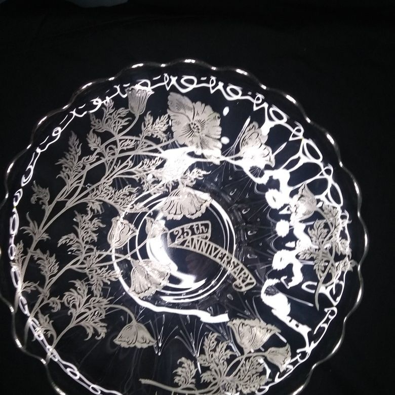 Vintage clear Glass Lg Dish with Silver Overlay for 25th Anniversary