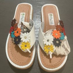 Women’s White/Multicolor Floral Thong Slip-On Sandals Flower Accents