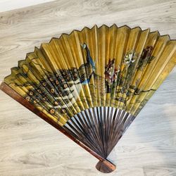 Huge Peacock Authentic Antique Asian Chinese Wall Decor Fan 62" X 34.5"