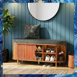Entry Way Bench 43" With Shoe Storage And Padded Seat And Sliding Doors, New, Unassembled In Box. 