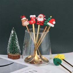6PCs Stainless Steel Christmas Spoon Set Golden Christmas Cutlery Flatware Sets