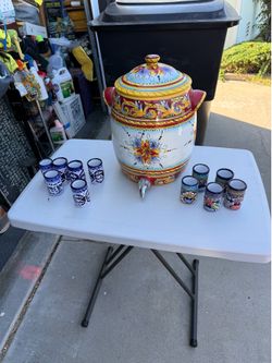 5 gallon Tabletop Gallery Renaissance ceramic beverage dispenser with 11 authentic imperial Mexican Talavera shot glasses