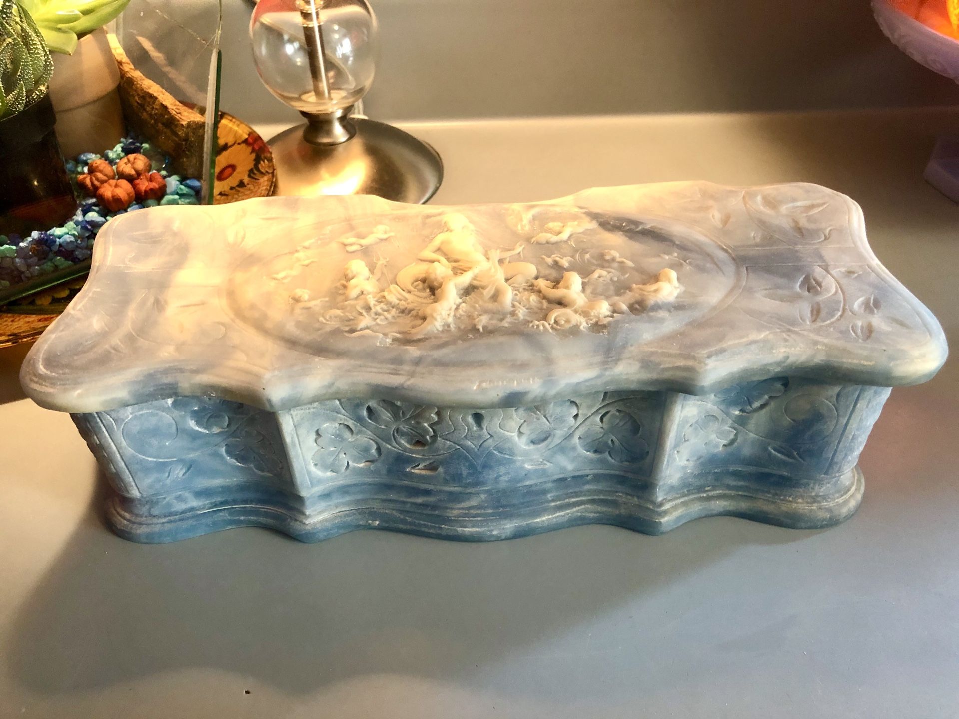Vtg. Genuine Incolay Stone Blue & White Cherub/Angel Hinged Jewelry/Trinket Box