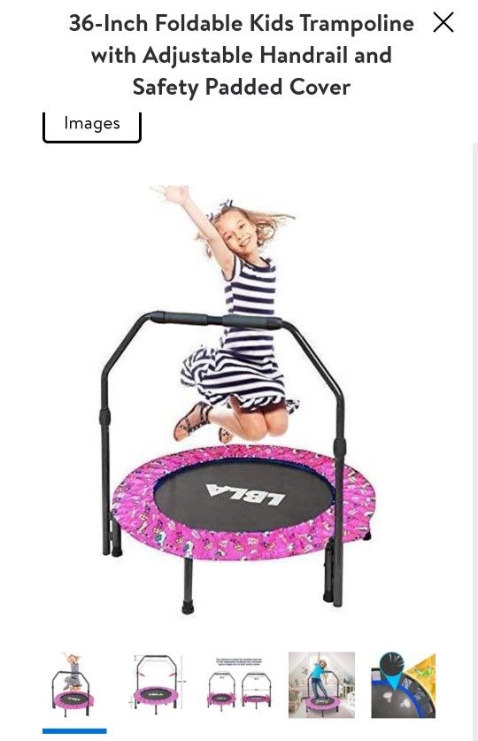 36 Inch Kids Trampoline Foldable Handrail Adjustable With Safety Pads. Reg Price 74.99 Plus Tax.