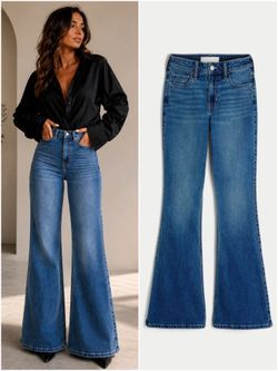Nordstrom Abound High Waist Bell Bottom Flare Jeans Med/Dark Wash Denim Size 26