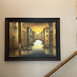Large Venice Canal in Italy Oil Painting - 30x40 Canvas Art in 4" Dark Wood Gallery-Quality Frame
