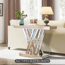 Elegant Style W Silvery Entryway Table with Embedded Sparkling Crystals