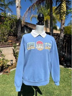 Vintage Medium Rainy Kitten Puppy Blue Sweater White Collar Sweater Morning Sun Grandma Cottage Core