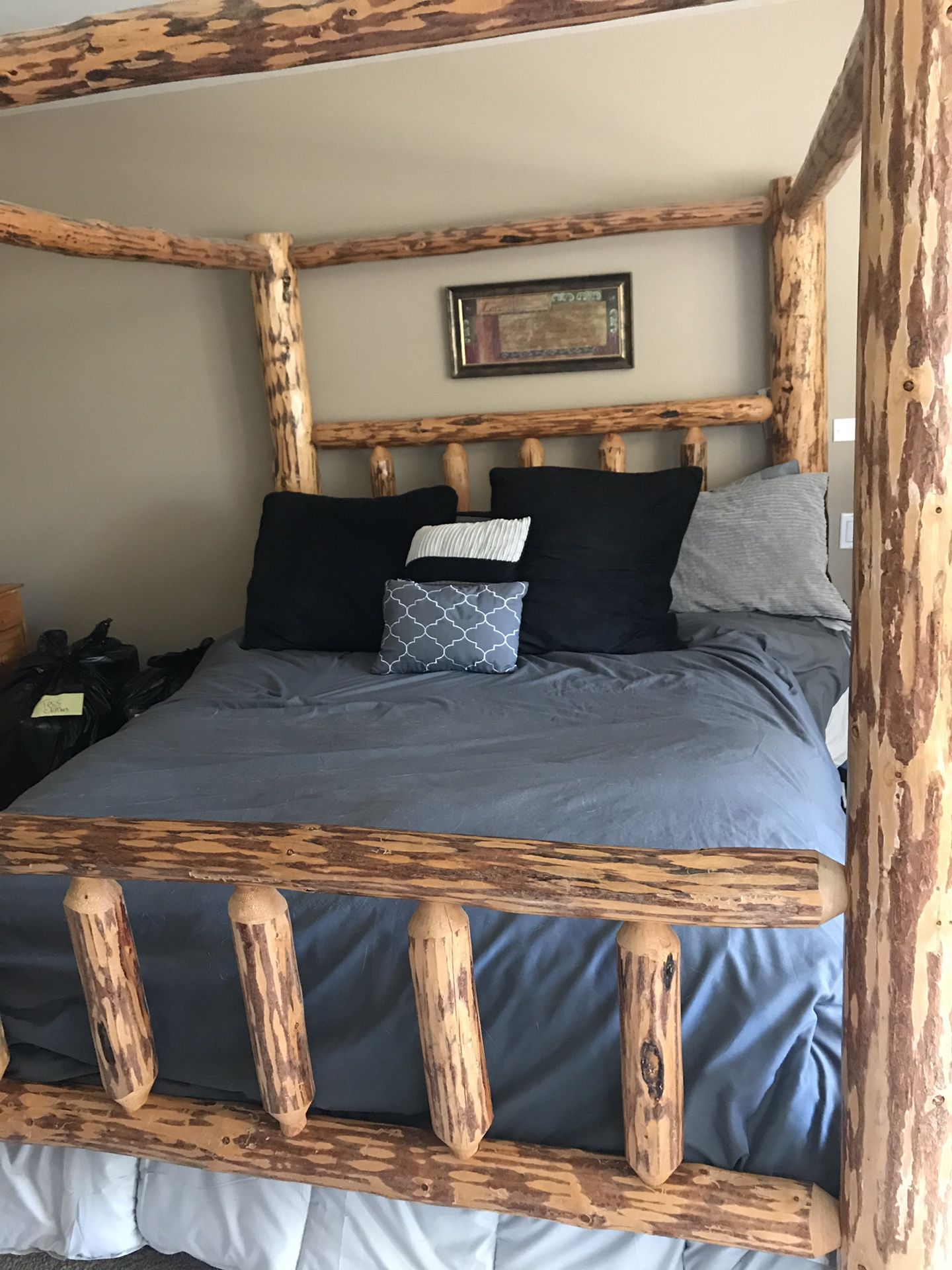Custom made Montana skip peeled pine log queen 4 poster bed