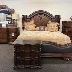 Royal Highlands Rich Cherry Upholstered Panel Bedroom Set, Bed, Dresser, Mirror, Nightstand, Chest// Mattress Sold Separately,  Financing Options 