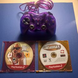 PlayStation 2 Intex Purple Dual Analog, Turbo Controller With Grand Theft Auto San Andreas And Tony Hawk Pro Skater 3